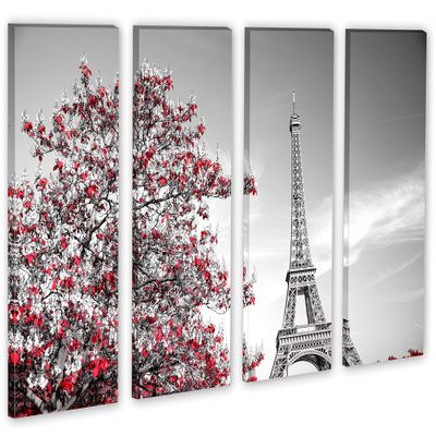64 x 40 TOTAL - Eiffel Tower & Red Tree leaves Canvas Print 4 Panel Split. Paris France Wall Art decor