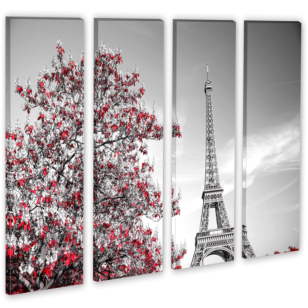64 x 40 TOTAL - Eiffel Tower & Red Tree leaves Canvas Print 4 Panel Split. Paris France Wall Art decor