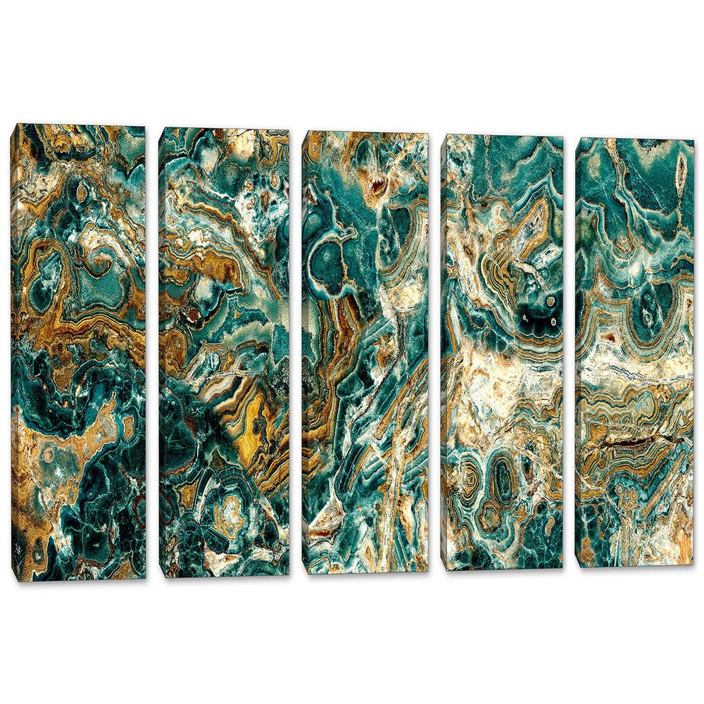 90 x 45 TOTAL - Green Marble Stone Canvas Print Wall Art Curly Veins 5 Panel Split Breccia, Granite wall art