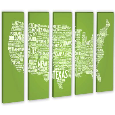 90 x 60 TOTAL - Light Green USA Text Map Canvas Print 5 Panel Split Wall decor, Interior design