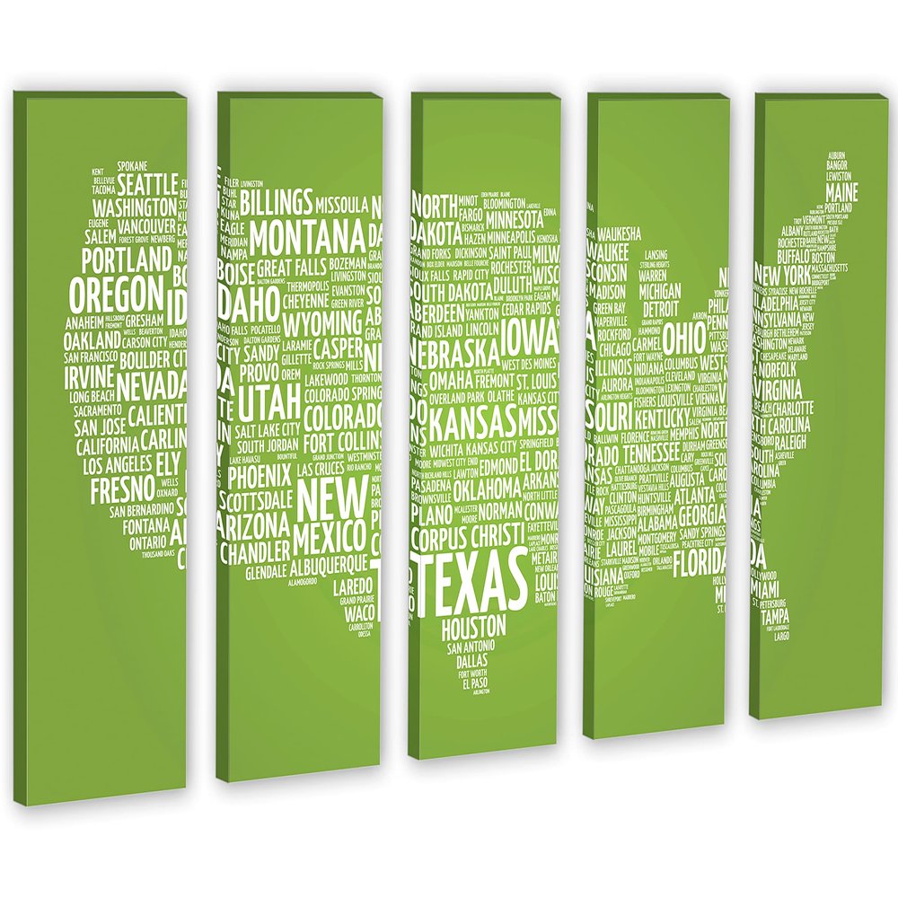 90 x 60 TOTAL - Light Green USA Text Map Canvas Print 5 Panel Split Wall decor, Interior design