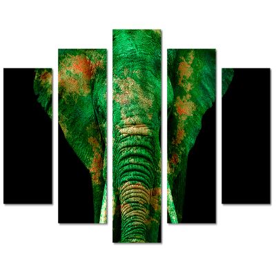80 x 42 TOTAL - Watercolor Elephant Canvas Print Wall Art green orange 5 Panel Diamond Split. Animal Home decor