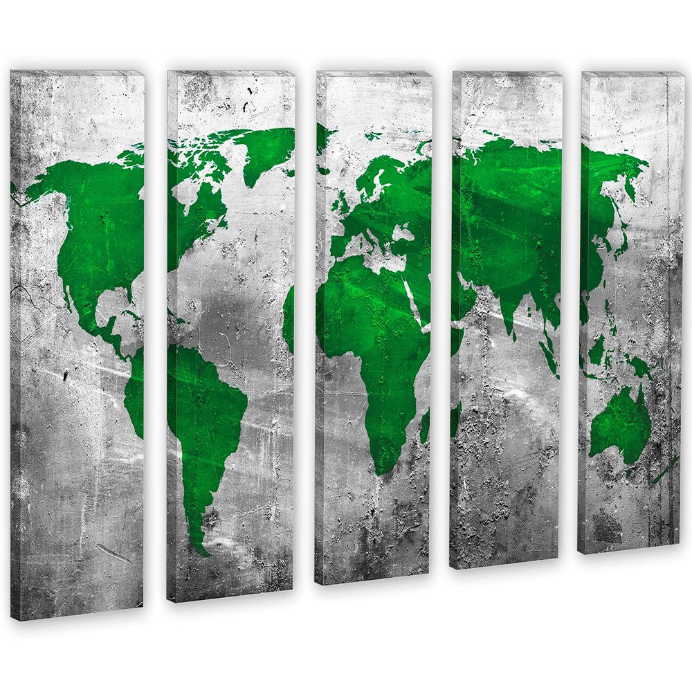 75 x 50 TOTAL - Abstract Silver Green World Map Canvas Print - 5 Panel Split. Metallic Silver background