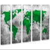 75 x 50 TOTAL - Abstract Silver Green World Map Canvas Print - 5 Panel Split. Metallic Silver background view 1