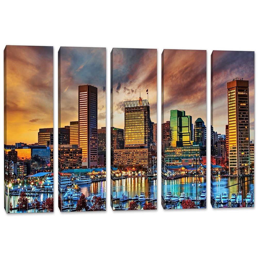 120 x 60 TOTAL - Baltimore MD Canvas Print Wall Art Inner Harbor at Sunset 5 Panel Split. Baltimore Maryland skyline