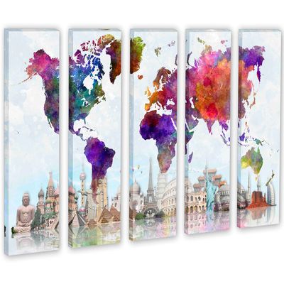 90 x 60 TOTAL - Colorful Travel The World Map Canvas Print - 5 Panel Split Wall Art. Landmarks wall decor