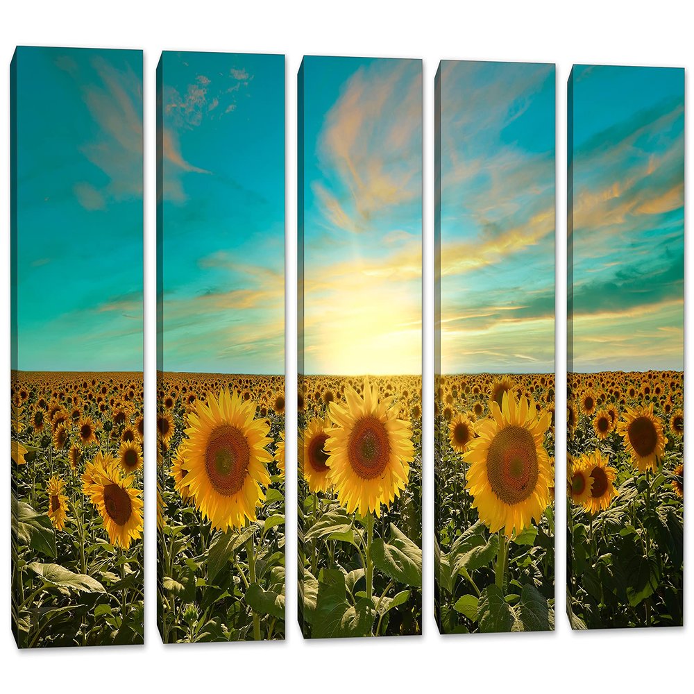 90 x 60 TOTAL - Sunflower fields Canvas Print Wall Art teal skies 5 Panel Split Botanical Floral Landscape