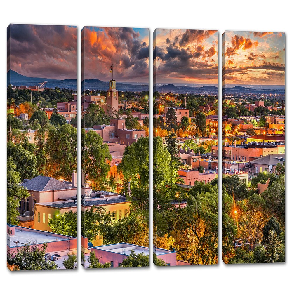 64 x 40 TOTAL - Santa Fe, NM Canvas print Wall Art with beautiful skies 4 Panel Split Santa Fe, New Mexico