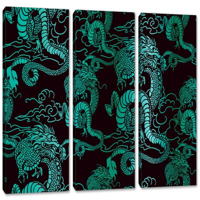 30 x 20 TOTAL - Chinese teal Dragons Canvas Print Wall Art 3 Panel Split Chinese Art, Asian wall decor