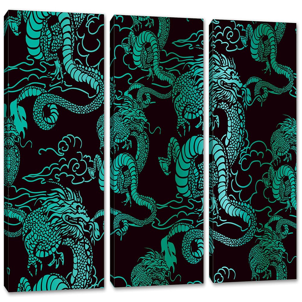 30 x 20 TOTAL - Chinese teal Dragons Canvas Print Wall Art 3 Panel Split Chinese Art, Asian wall decor
