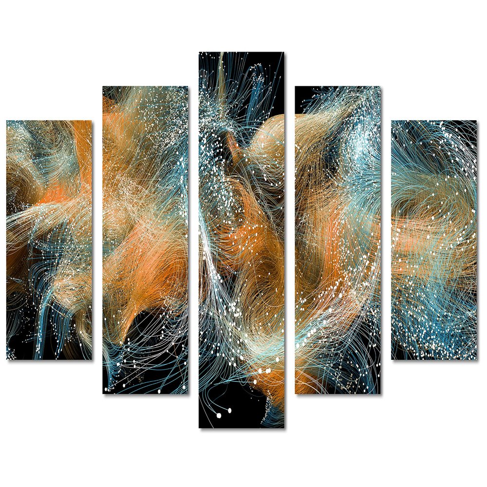 80 x 42 TOTAL - Abstract Particle Wave Wall Art Canvas Print Orange 5 Panel Diamond Split. Magic sparkle trail swir