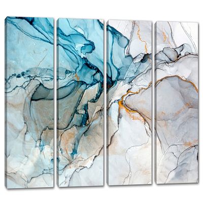 32 x 20 TOTAL - Blue Marble Wall Art Canvas Print 4 Panel Split abstract marble,liquid resin stone effect