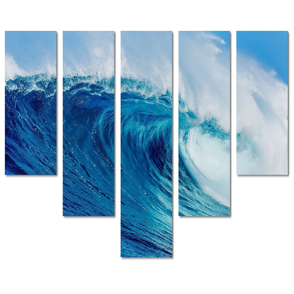 80 x 42 TOTAL - Blue Ocean Wave Canvas Print - 5 Panel Waterfall Split, Wall Art. Interior design, wall decor