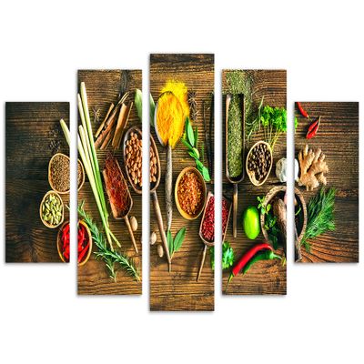 40 x 22 TOTAL - Spices canvas print Wall Art Herbs & spices 5 Panel Diamond Split Cooking gifts, Kitchen wall art
