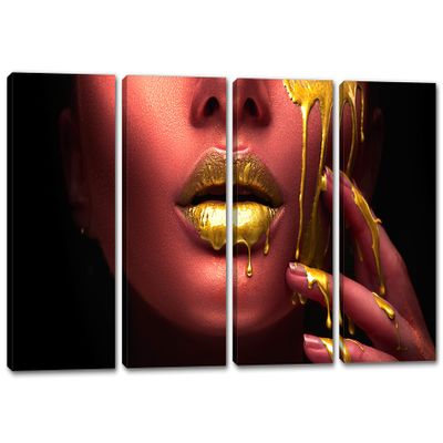 48 x 24 TOTAL - Red Woman Face Wall Art Canvas Print 4 Panel Split, golden paint dripping, Fashion Print, Face Art