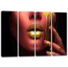 48 x 24 TOTAL - Red Woman Face Wall Art Canvas Print 4 Panel Split, golden paint dripping, Fashion Print, Face Art view 1