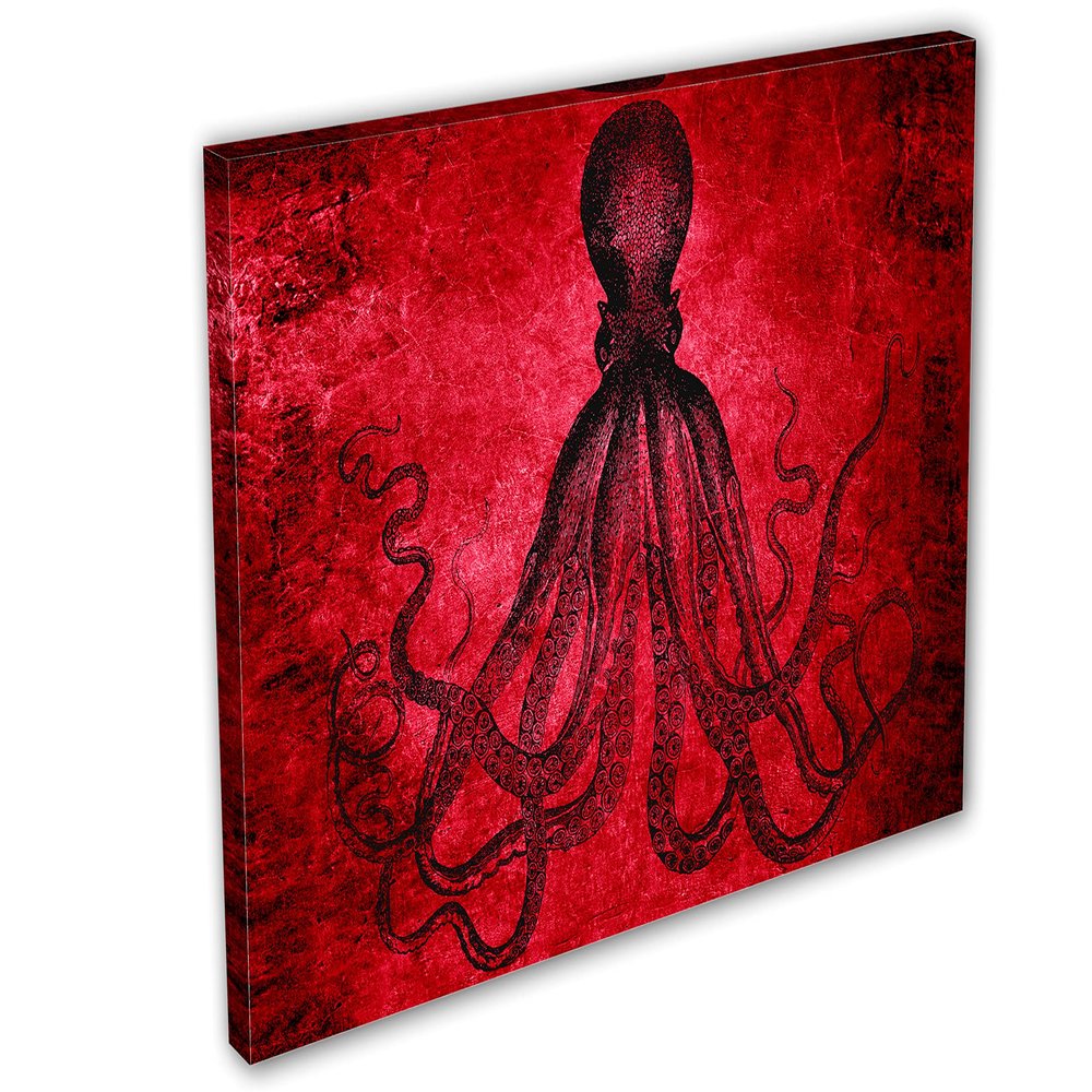 24 x 16 - Lord Bodner Octopus Canvas Print Wall Art, Red, Kraken Room wall decor