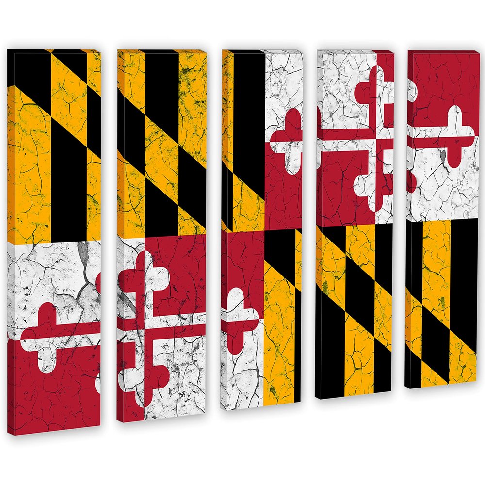 75 x 50 TOTAL - Maryland Flag Canvas Print Wall Art crack effect 5 Panel Split. State Flag Home decor