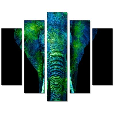 80 x 42 TOTAL - Watercolor Elephant Canvas Print Wall Art blue green 5 Panel Diamond Split. Animal Home decor