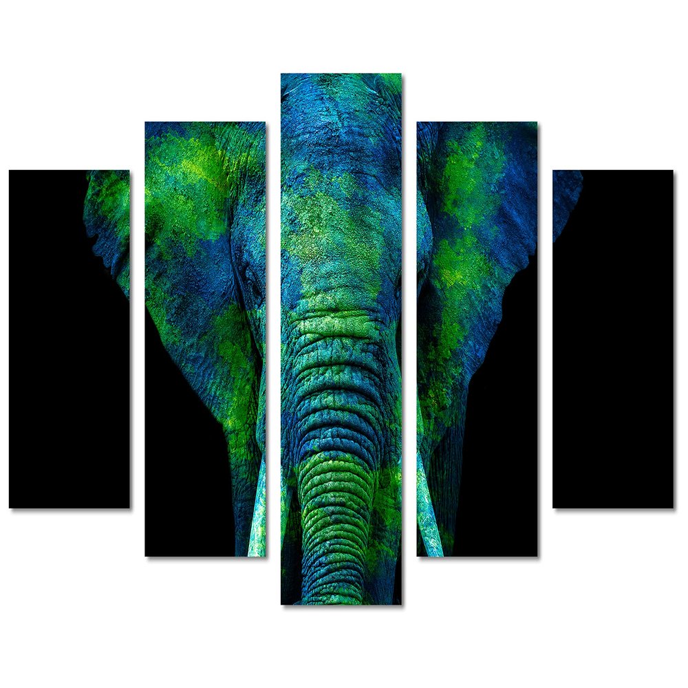 80 x 42 TOTAL - Watercolor Elephant Canvas Print Wall Art blue green 5 Panel Diamond Split. Animal Home decor