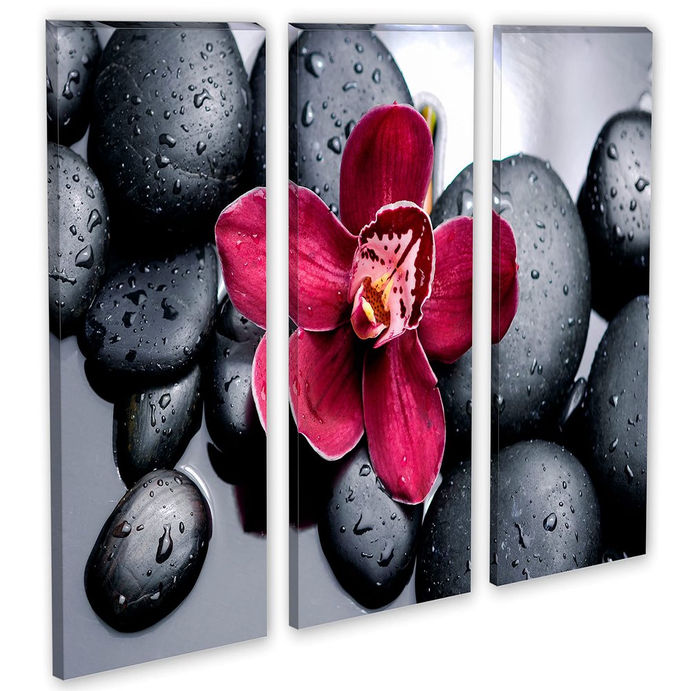 24 x 16 TOTAL - Orchid & therapy stones Wall Art Canvas Print 3 Panel Split, Triptych. Spa wall decor
