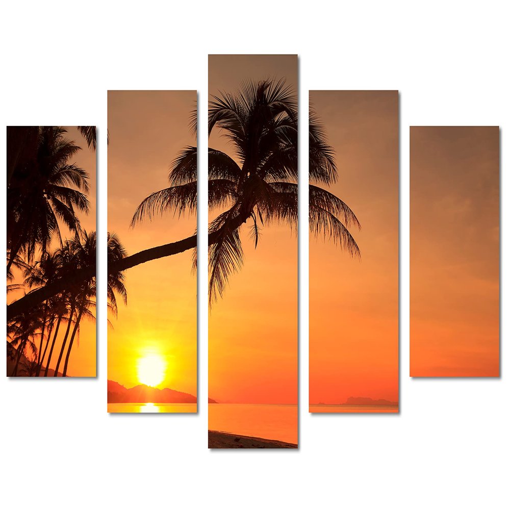 80 x 42 TOTAL - Sunset on a tropical Island - Canvas Print - 5 Panel Diamond Split, Wall Art