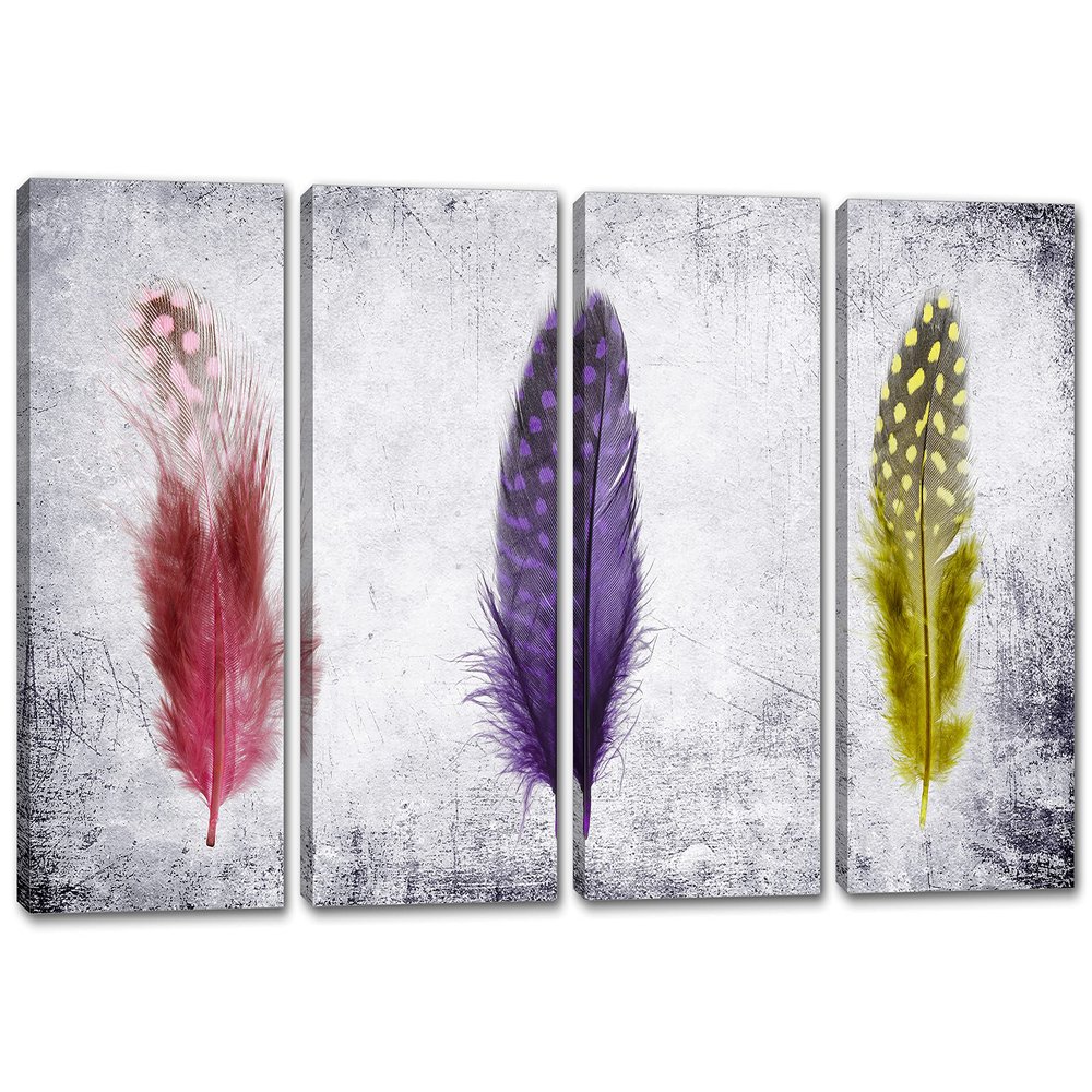 60 x 30 TOTAL - Colorful Feathers Wall Art Canvas Print 4 Panel Split on light purple background Print Set