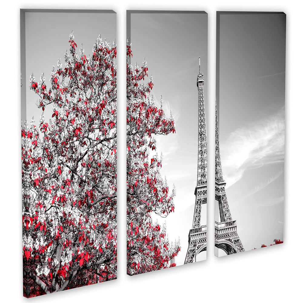 45 x 30 TOTAL - Eiffel Tower & Red Tree leaves Canvas Print 3 Panel Split, Triptych. Paris France Wall Art decor