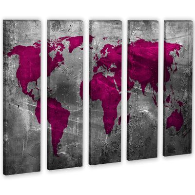 60 x 40 TOTAL - Abstract Amaranth Red World Map Canvas Print - 5 Panel Split Wall Art