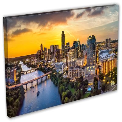 48 x 24 - Austin Texas skyline Canvas Print Wall Art yellow skies. Austin TX at sunset