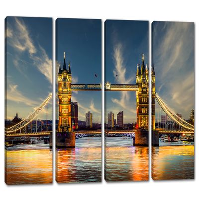 64 x 40 TOTAL - Tower Bridge London Canvas Print Wall Art dramatic 4 Panel Split London, Thames River Art