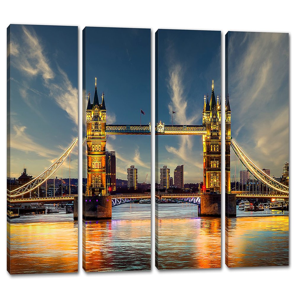 64 x 40 TOTAL - Tower Bridge London Canvas Print Wall Art dramatic 4 Panel Split London, Thames River Art
