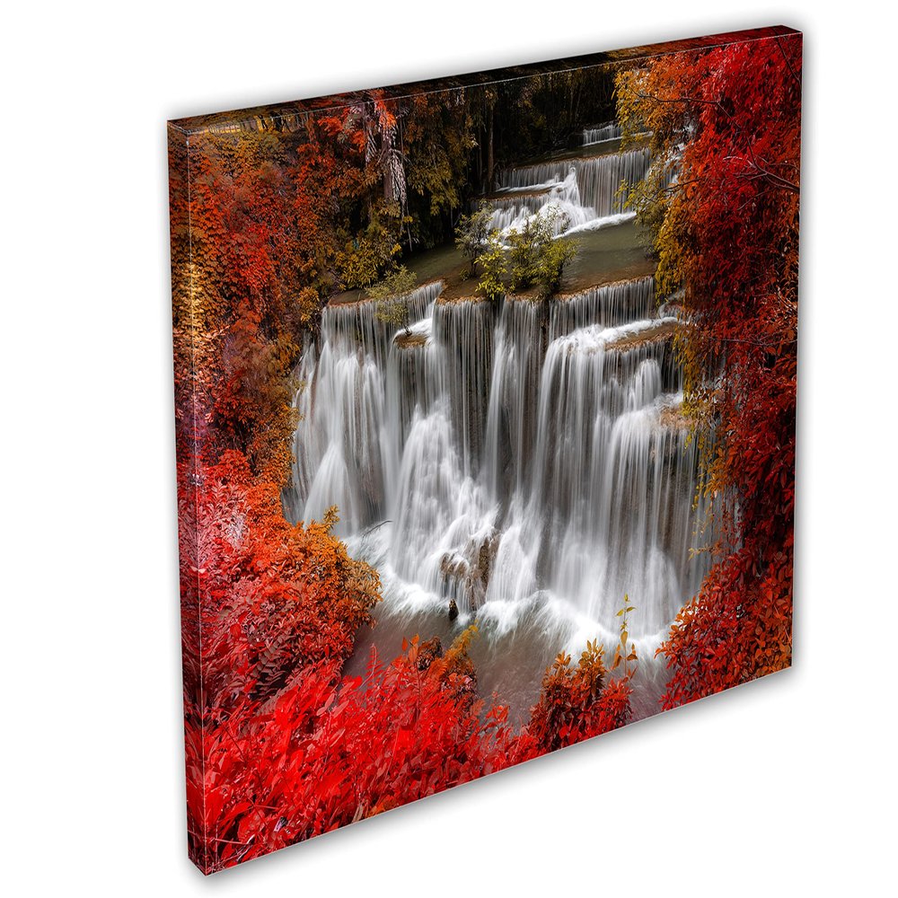 24 x 16 - Forest Waterfall red trees Wall Art Canvas Print nature home wall decor