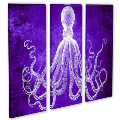 60 x 40 TOTAL - Lord Bodner Octopus Triptych Canvas Print Wall Art 3 Panel Split, Purple, Kraken Room wall decor