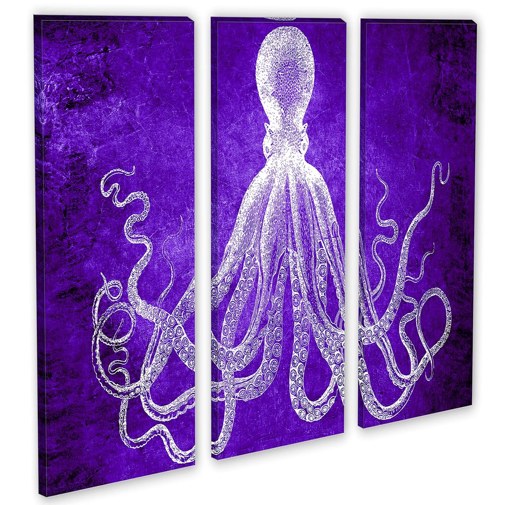 60 x 40 TOTAL - Lord Bodner Octopus Triptych Canvas Print Wall Art 3 Panel Split, Purple, Kraken Room wall decor