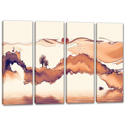 48 x 24 TOTAL - Abstract Landscape Wall Art Canvas Print light orange 4 Panel Split Watercolor Art Print