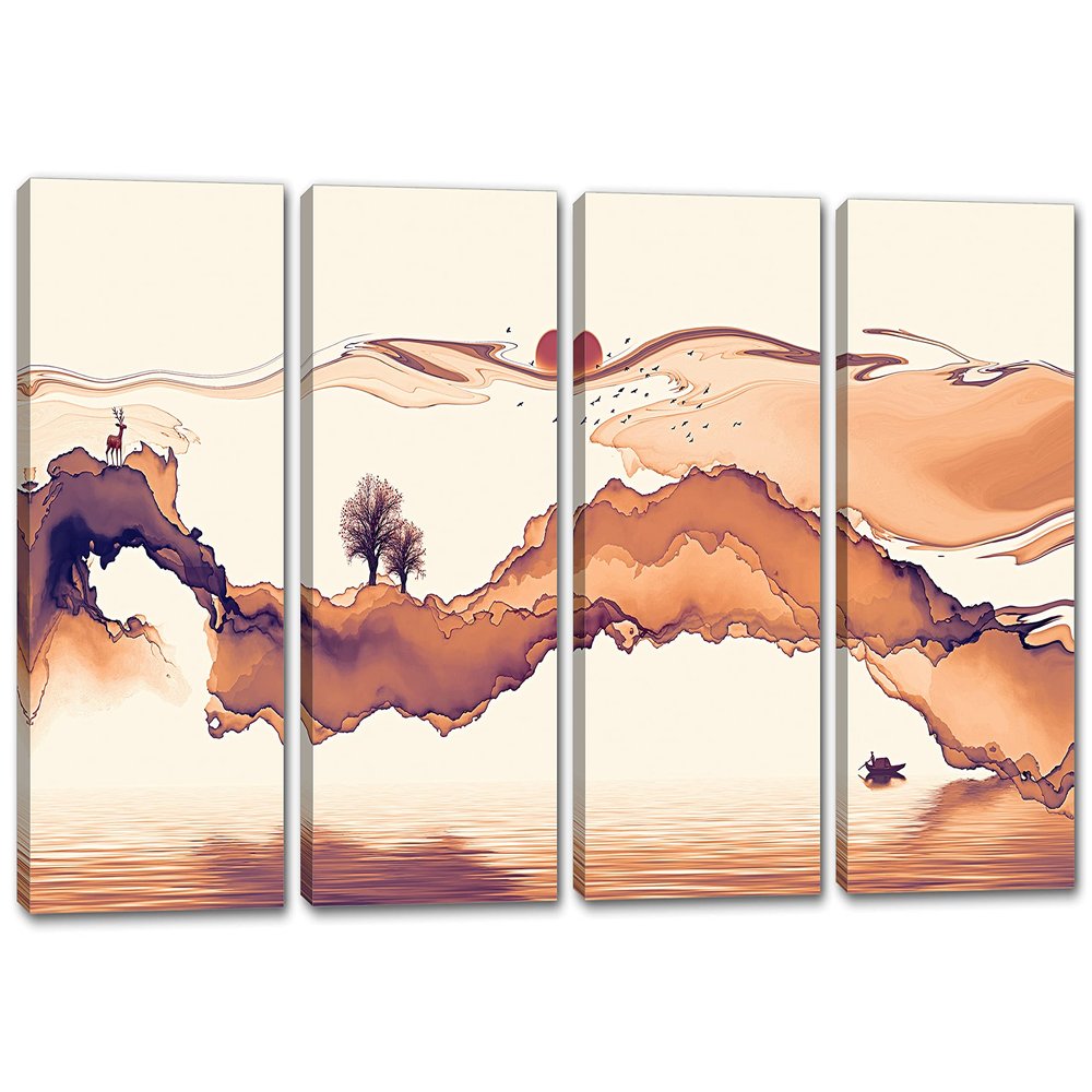 48 x 24 TOTAL - Abstract Landscape Wall Art Canvas Print light orange 4 Panel Split Watercolor Art Print