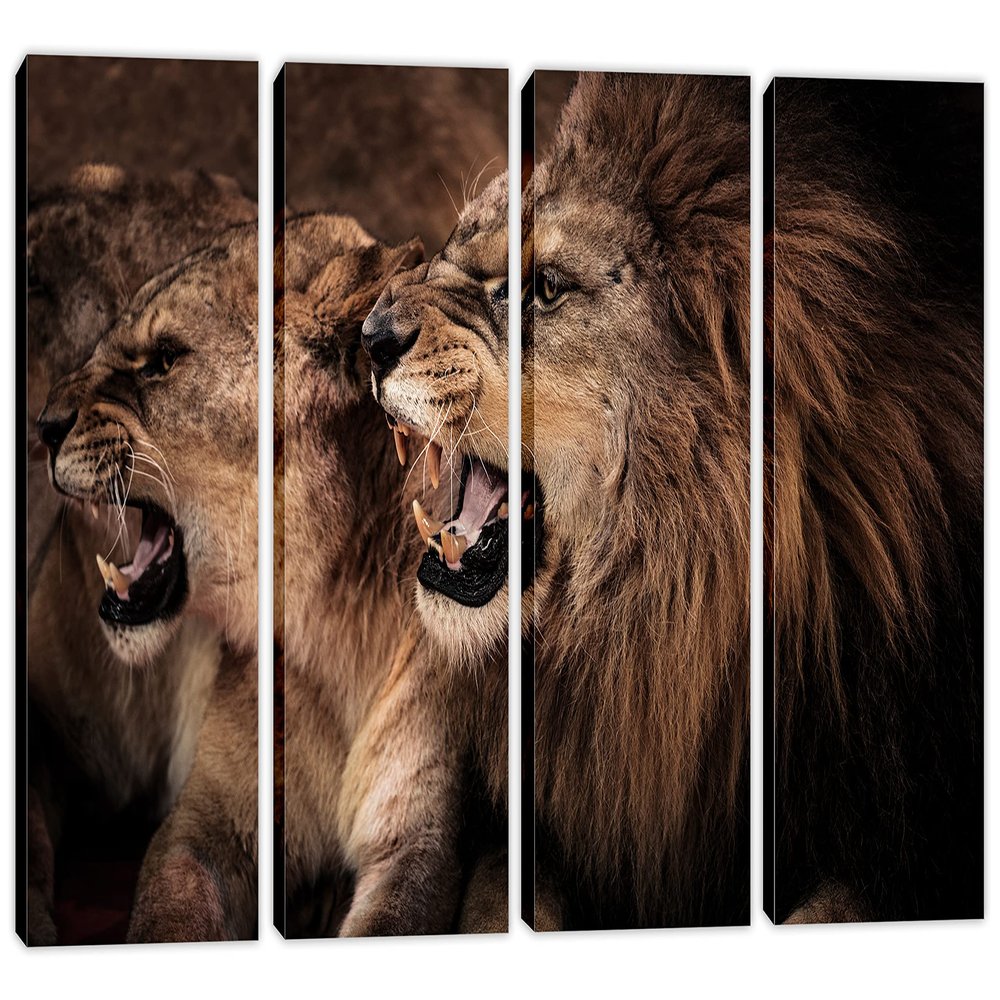 64 x 40 TOTAL - Roaring lion and lioness Wall Art Canvas Print 4 Panel Split Lion & Lioness Art, Animal Art Print