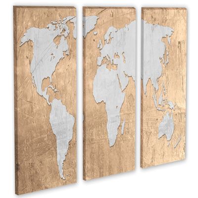 60 x 40 TOTAL - Raffia Beige World Map Canvas Print Wall Art. 3 Panel Split, Triptych with silver landmass