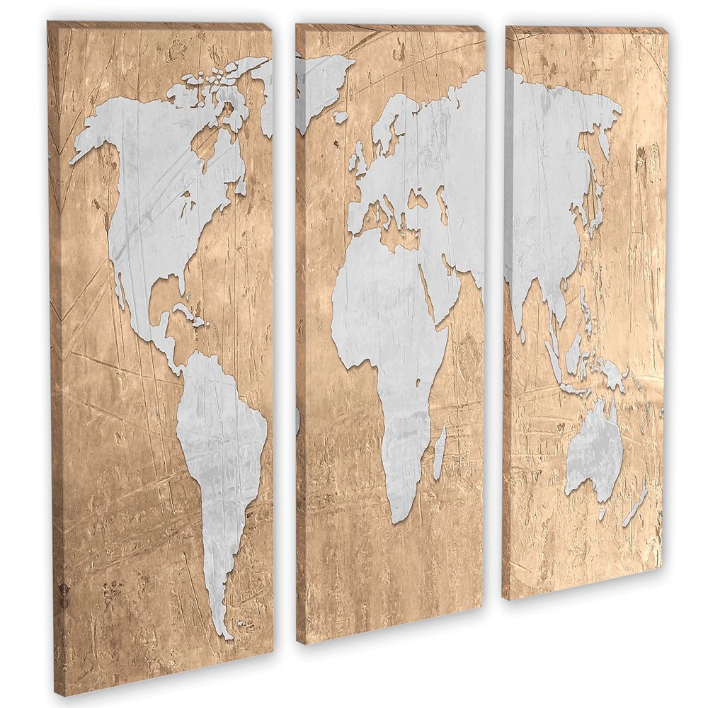 60 x 40 TOTAL - Raffia Beige World Map Canvas Print Wall Art. 3 Panel Split, Triptych with silver landmass
