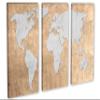 60 x 40 TOTAL - Raffia Beige World Map Canvas Print Wall Art. 3 Panel Split, Triptych with silver landmass view 1
