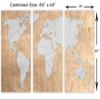 60 x 40 TOTAL - Raffia Beige World Map Canvas Print Wall Art. 3 Panel Split, Triptych with silver landmass view 3