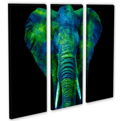 90 x 60 TOTAL - Watercolor Elephant Canvas Print Wall Art blue green 3 Panel Split, Triptych. Animal Home decor