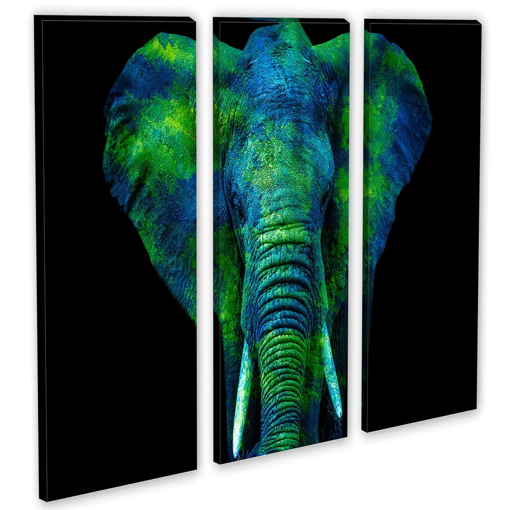 90 x 60 TOTAL - Watercolor Elephant Canvas Print Wall Art blue green 3 Panel Split, Triptych. Animal Home decor