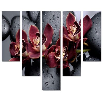80 x 42 TOTAL - Canvas Print Orchid Flower Wall Art on Black therapy stones Spa Zen Art. 5 Panel Waterfall Split