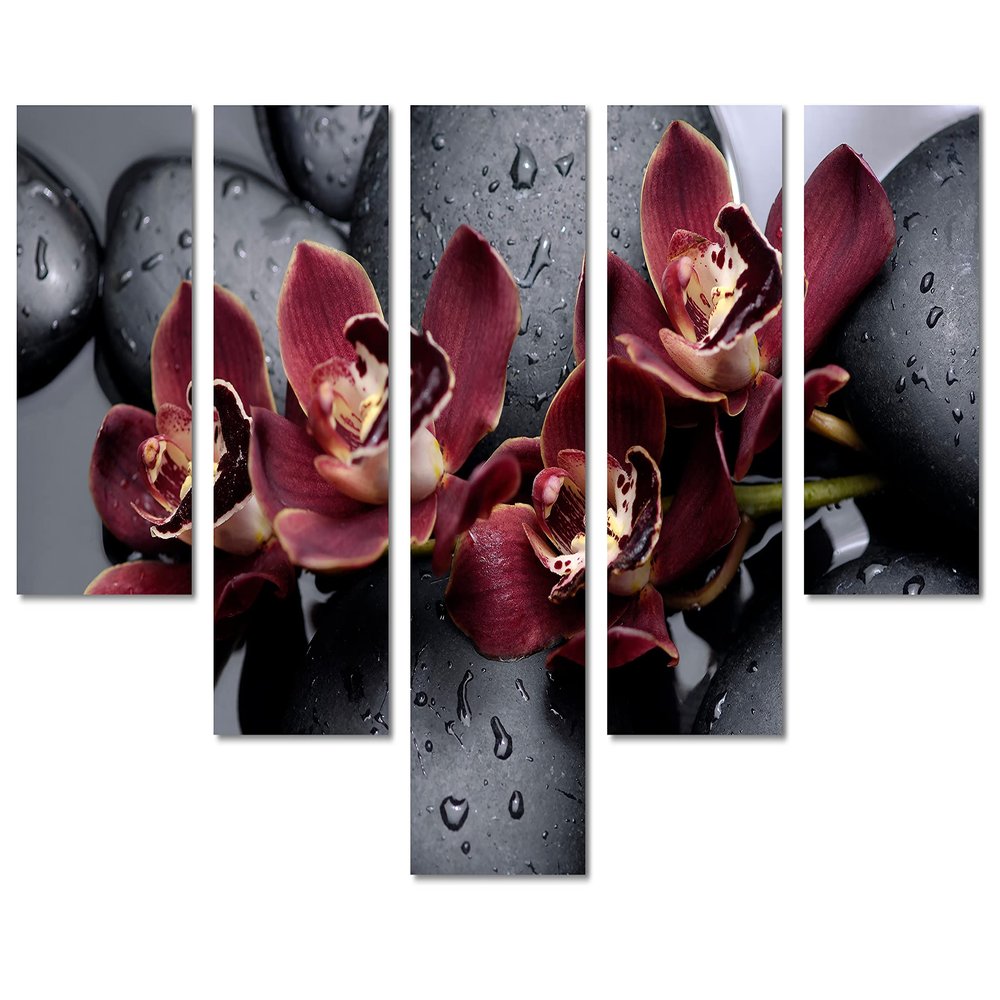 80 x 42 TOTAL - Canvas Print Orchid Flower Wall Art on Black therapy stones Spa Zen Art. 5 Panel Waterfall Split