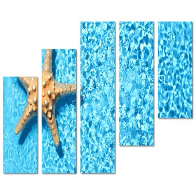 80 x 42 TOTAL - Starfish in Blue water Canvas Print - 5 Panel Z Cut Split Wall Art for interior design, decor