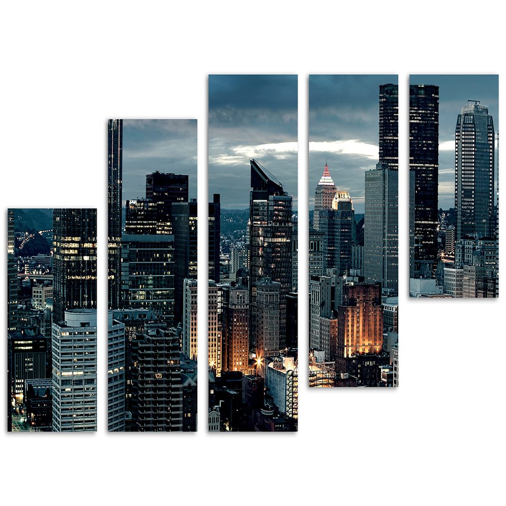 80 x 42 TOTAL - Pittsburgh, PA Skyline Wall Art Canvas Print evening 5 Panel Z Cut Split Pittsburgh City Print