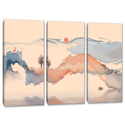 24 x 12 TOTAL - Abstract Landscape Wall Art Canvas Print faded orange 3 Panel Split Watercolor Art Print