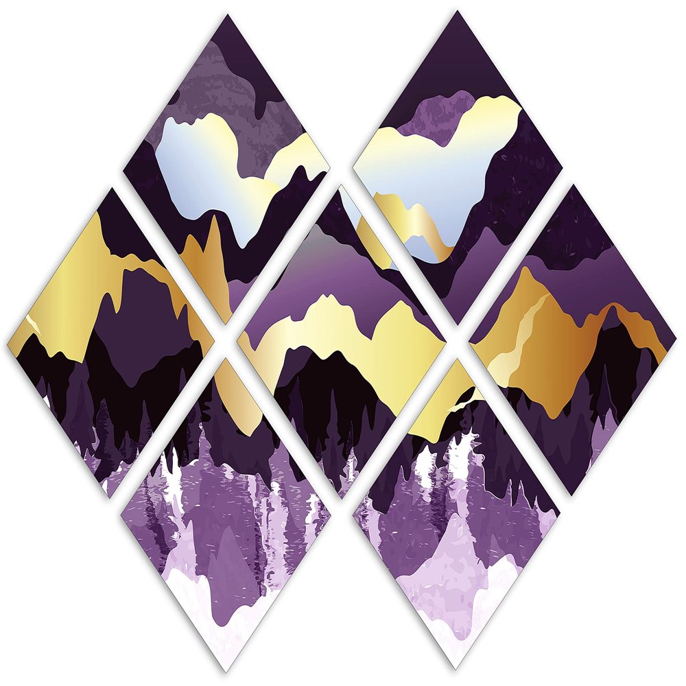 85 x 57 TOTAL - Mountains Illustration Canvas Print Wall Art purple, gold 7 Panel Butterfly Split Oriental asian art